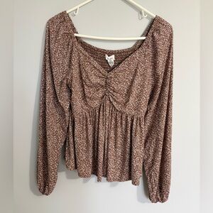 Japna Long Sleeve Smocked Babydoll Top Brown Cream Cropped Med. Boho Cottagecore